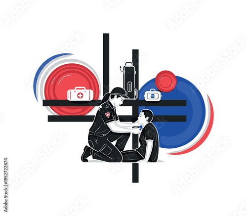 Black and white paramedic kneeling beside a patient, intersected by structured rectangular shapes symbolizing medical equipment, abstract circular forms