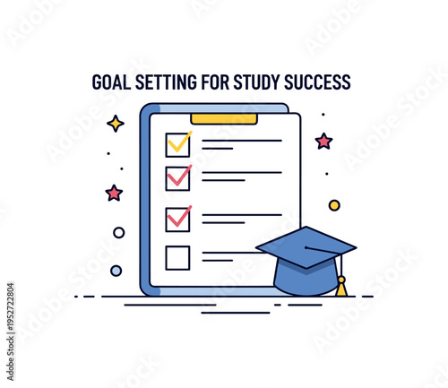 Goal setting for study success illustrated by a checklist next to a small graduation cap icon, expressing achievement orientation and clear academic targets.