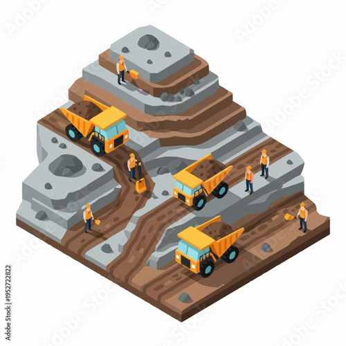 Isometric View of an Open-Pit Mine with Heavy Equipment and Workers.
