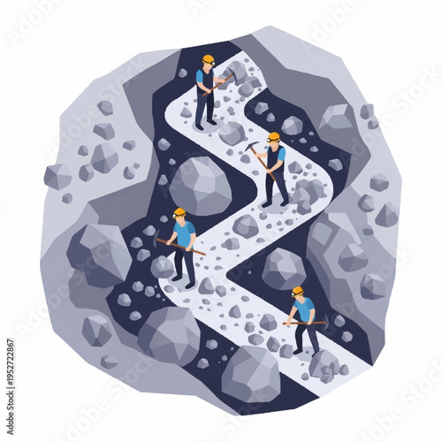 Isometric view of miners working in a winding underground mine.