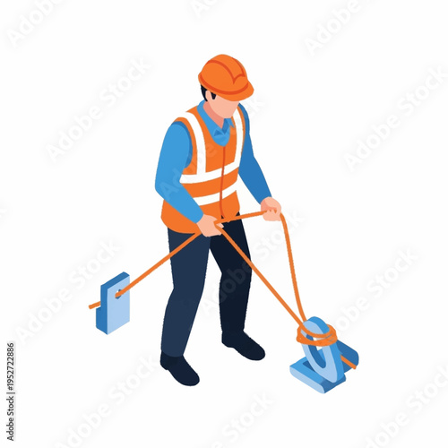 Isometric worker in hard hat and safety vest operating a ground penetrating radar for utility detection.