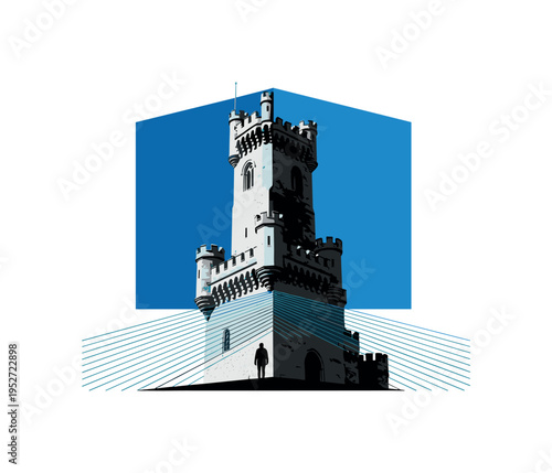 Black and white castle tower cropped dramatically with a small figure at the base for scale, large blue geometric block offset behind architecture, subtle