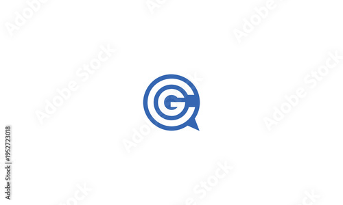 Blue logo featuring a speech bubble with a circular c inside