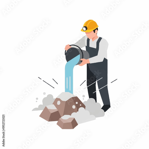 Miner pouring water on rocks in a mining operation.