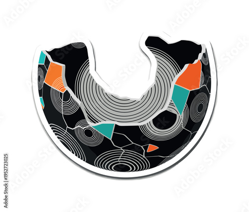 Black and white broken ceramic vessel revealing hollow interior space, fragmented angular shards and concentric halos emphasizing absence, vivid orange and