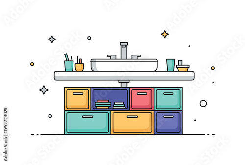 Contemporary vanity with modular storage blocks arranged like a tidy geometric puzzle beneath a smooth basin surface. The visual concept highlights