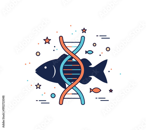 Marine biodiversity conservation badge with a fish silhouette intertwined with a DNA helix representing protection of ocean species and aquatic ecosystems.