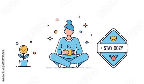 Pajama day at home cozy relaxation concept illustrated by a comfortable figure in soft pajamas sitting cross legged with a warm mug and subtle sparkle accents