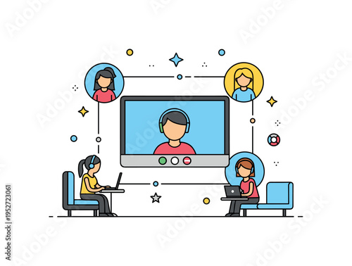 Remote collaboration featuring a central video call screen with simplified avatars connected by thin lines, highlighting teamwork across locations and time