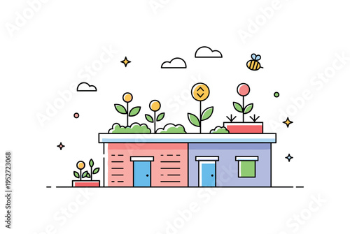 Urban habitat restoration featuring a rooftop garden with simple plants and a small bee icon, conveying ecological balance, sustainability, and green city
