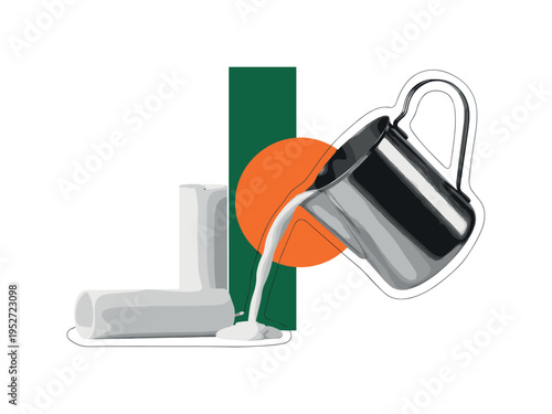 Black and white vintage metal pouring pitcher tilted mid-pour, bold orange circle intersecting the wax stream, deep green rectangular accent