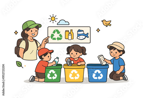 Environmental education in remote communities simple teaching moment where a guide points to recycling icons while children place items into colored bins. The