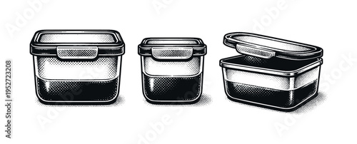 Stackable kitchen storage container shown in three views: closed container front view, side profile, and perspective with lid slightly lifted, emphasizing
