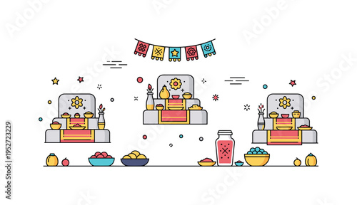 Cultural festival ritual where neighbors decorate small altars together, combining creativity, heritage, and community participation. Minimalist flat vector