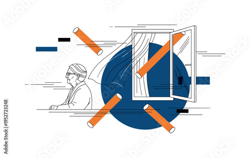 black and white interior scene of elderly person by open window with curtain moving gently, deep blue geometric circle anchoring layout and orange cylindrical