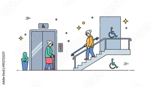 Elevator and stair access in urban building with elderly person using handrails and accessible design features, small decorative dots highlighting safety and