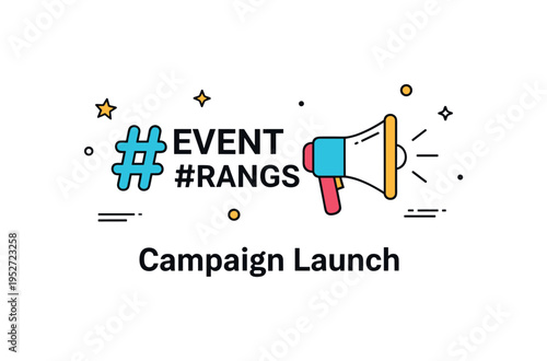 Event hashtags brand campaign identity idea with a bold hashtag merged with a small megaphone icon, expressing marketing strategy and amplified messaging. The