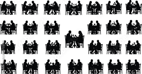Silhouette collection of couples dining at table in various poses isolated on white background, romantic dinner, restaurant scene, social interaction, dating, lifestyle concept
