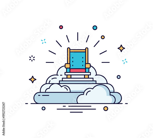 Cloud throne scene illustrated with a simple elevated seat resting on soft cloud layers and subtle radiating lines, symbolizing authority, divinity, and