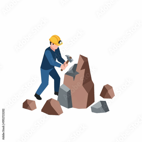 Miner working with hammer and chisel on a large rock.