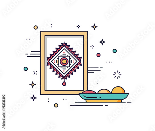 Ancestral heritage custom concept shown through a framed symbolic pattern and small offering plate, expressing remembrance and continuity across generations.