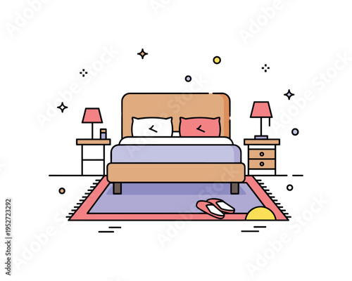 Bedroom comfort zone concept centered on a bed resting on a plush rug with subtle curved edge accents suggesting softness underfoot. The scene conveys warmth