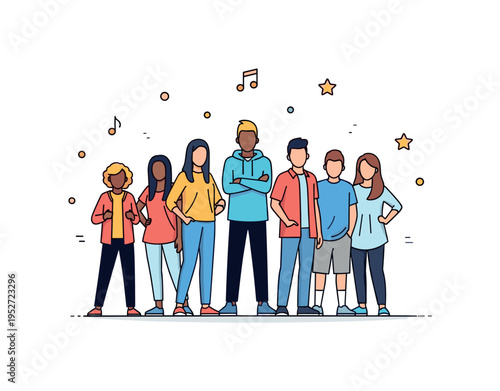 Youth culture group of diverse young silhouettes standing confidently with subtle music note and star icons around them. A vibrant editorial concept badge