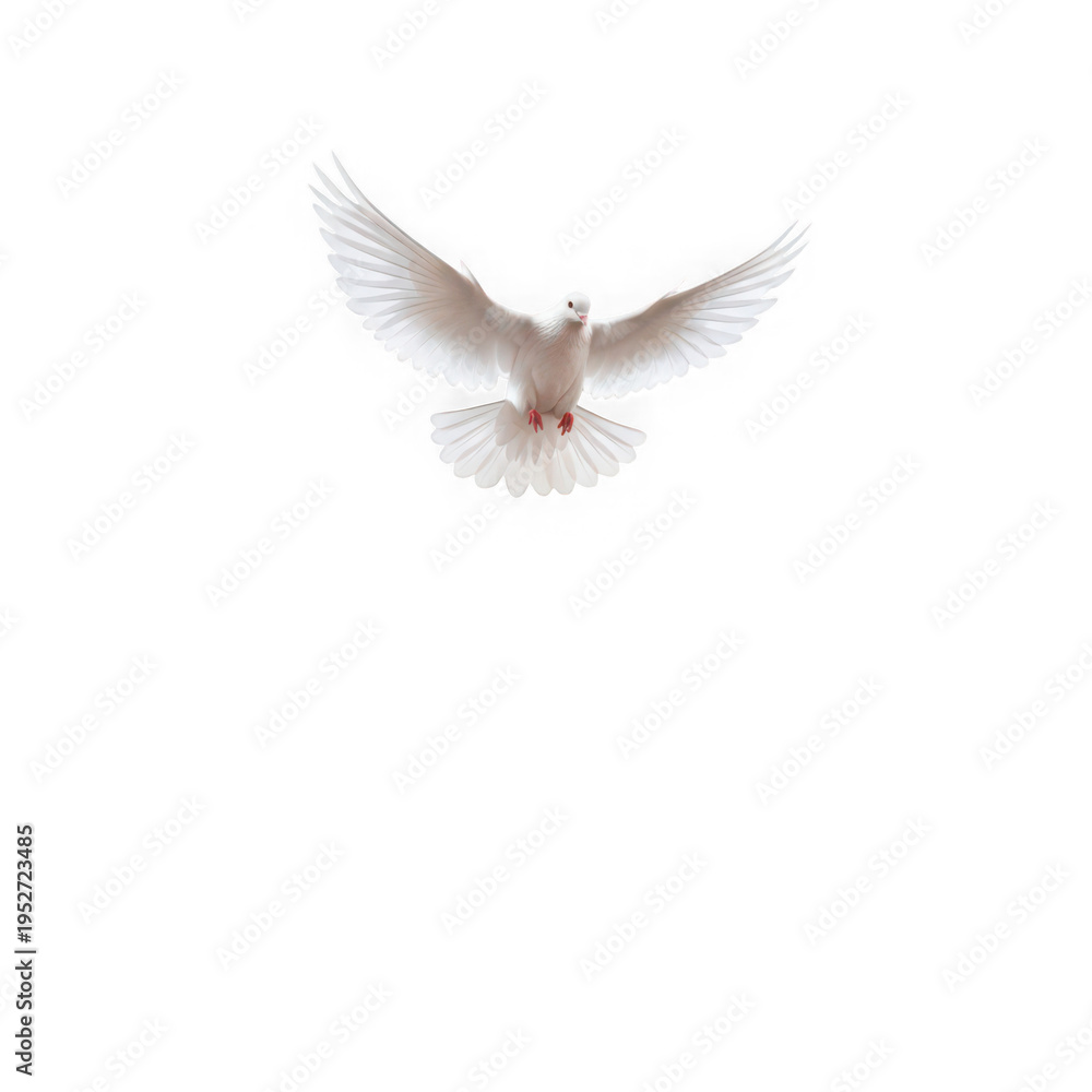 Fototapeta premium A white dove in flight with outstretched wings against a plain background isolated on transparent background