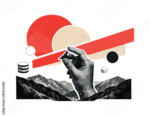 black and white vintage hand emerging from a surreal valley holding a tiny mountain peak, abstract semicircles and cylinders floating like moons, bold red and