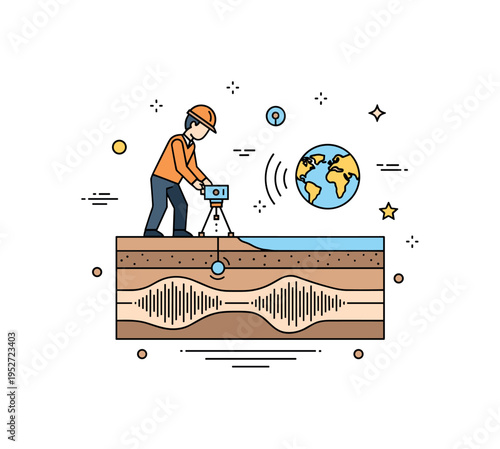 Seismic survey and subsurface study visualized with a geologist placing a small sensor device on the ground while layered Earth sections appear