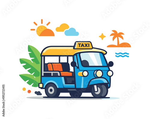 Tuk tuk tropical city transport relaxed travel mood where the iconic three wheeled taxi moves past palm leaves and sunny decorative elements suggesting warm