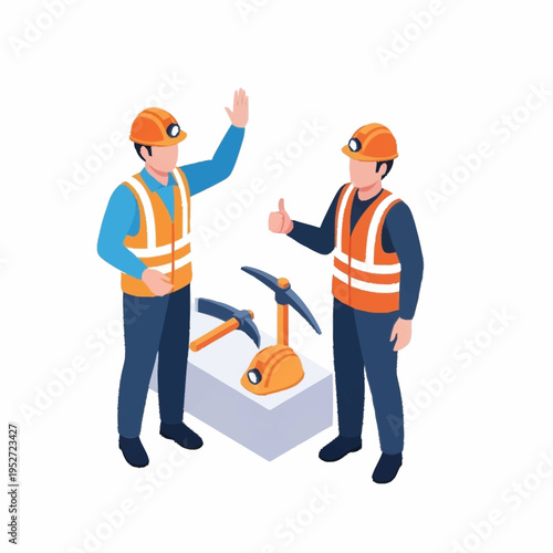 Two Miners in Hard Hats and Safety Vests with Mining Tools.