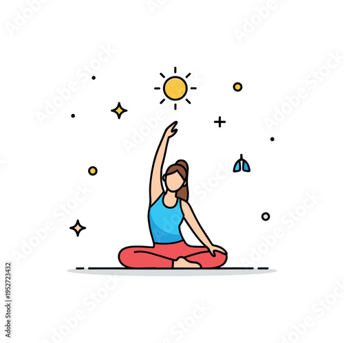 Yoga stretch session illustrated with a seated figure reaching upward beneath a small sun icon, expressing harmony, breathing control, and mindful flexibility
