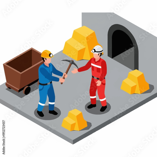 Two miners working together with pickaxes near a mine entrance and gold ore.