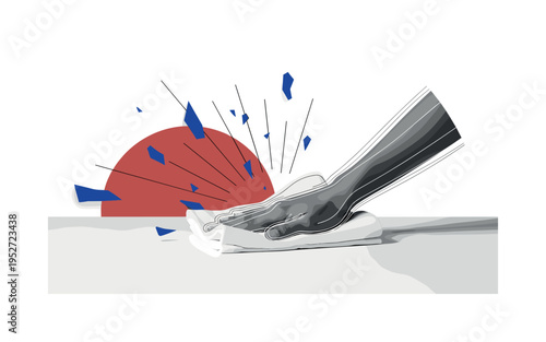 Black and white hand wiping a spotless kitchen counter with a cloth, bold red semicircle and cobalt blue abstract fragments radiating outward, thin diagonal