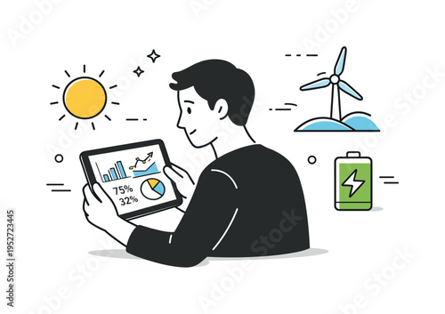 Renewable energy monitoring. A person checking charts on a tablet while icons of sun, wind, and battery float nearby. A focused scene about tracking