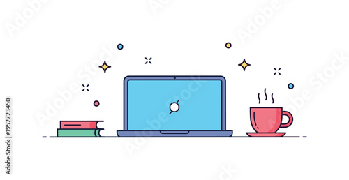 Quiet focus moment desk scene with a closed laptop, steaming cup, and subtle sparkle accents representing calm concentration. A compact illustration about