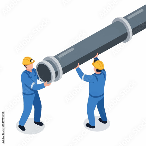 Two workers in hard hats and blue overalls carrying a large pipe.