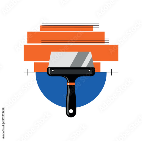 Black and white putty knife centered vertically like a design object, bold cobalt blue semicircle framing the handle, orange rectangular panels layered