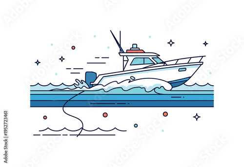 Offshore angling expedition compact sport boat cutting through layered waves with a taut fishing line disappearing into deep water, conveying motion, focus and