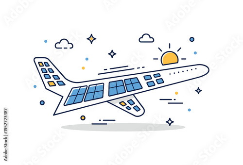 Solar powered aircraft wing theme centered on a wing embedded with small panel shapes and a subtle sun accent, communicating renewable energy and sustainable