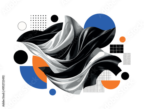 black and white fabric folds forming abstract drapery surrounded by geometric pattern elements, floating circles semicircles and grid blocks suggesting textile