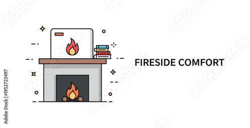 Fireplace mantel cozy reading corner concept featuring a minimal fireplace with a soft flame icon and a small stack of books placed on the mantel, expressing
