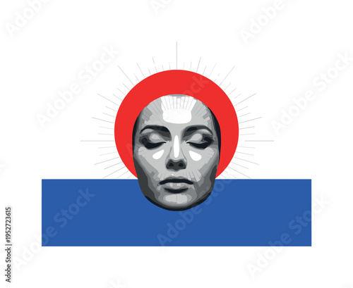 Black and white close-up of sea foam swirling on the shoreline, bold deep blue circle behind symbolizing ocean depth, thin horizontal lines suggesting tide