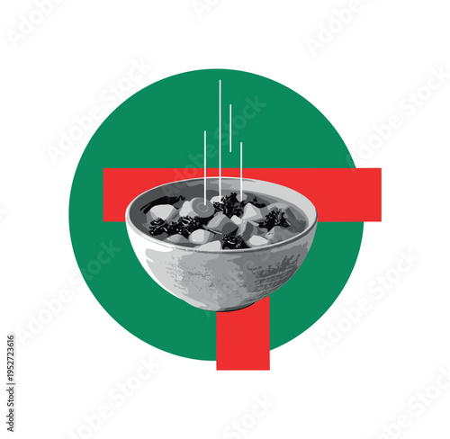 Black and white rustic bowl filled with hearty vegetable soup, bold emerald green circle framing the bowl, red rectangular accent placed asymmetrically for