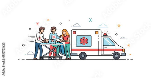 Wounded victims being evacuated by ambulance with emergency lights flashing, emphasizing rapid response and safety during critical moments. Minimalist flat