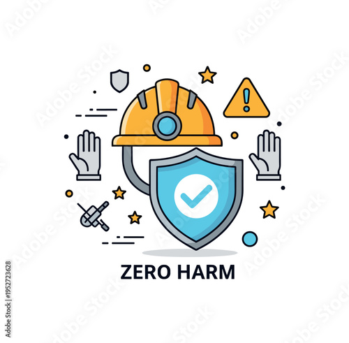 Workplace safety standards in mining operations expressed by a protective helmet combined with a shield and checkmark, highlighting care for employees and