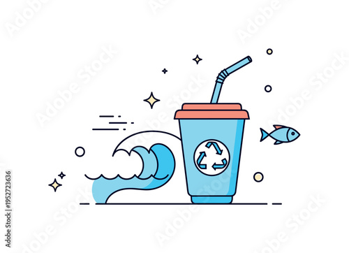 Ocean friendly choice reusable cup and straw paired with a subtle wave icon and small fish silhouette, symbolizing reduction of plastic pollution. A compact