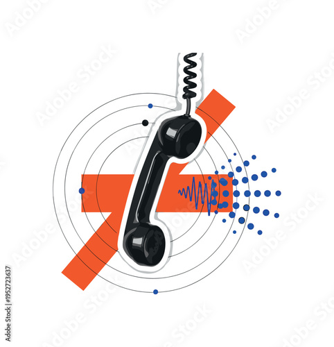 A monochrome close-up of a vintage telephone handset hanging diagonally, bright orange rectangular block crossing the composition for contrast, thin black