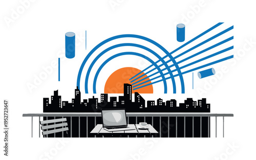 Black and white balcony scene with small table, laptop and coffee cup overlooking simplified city silhouettes, bright orange semicircle sun and blue concentric
